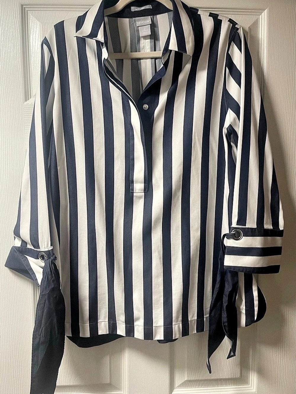Chico's No-Iron Chic Stretch Striped Tie-Cuff Tunic